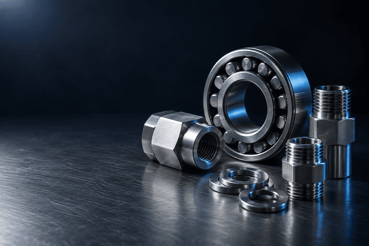 Precision steel bearings, couplings and threaded fittings arranged on a dark workbench