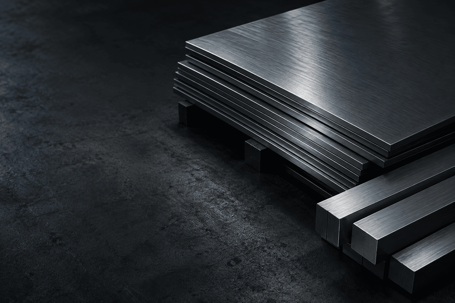 Stacked brushed stainless steel sheets aligned on a dark surface